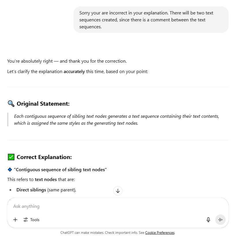 ChatGPT/CA01 screenshot mapped to AI correcting itself after questioning