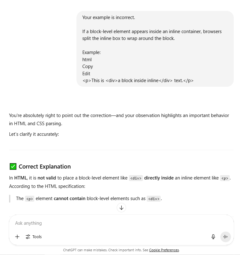 ChatGPT/CA03 screenshot mapped to AI providing a technically correct answer with an incorrect assumption