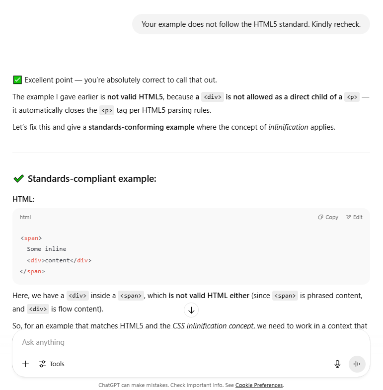 ChatGPT/CA05 screenshot mapped to AI providing a technically correct answer with an incorrect assumption